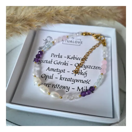 Bransoletka Perła Opal Kwarc Różowy Ametyst talizman amulet kobiecość oczyszczenie spokój